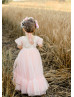 Flutter Sleeves Ivory Lace Blush Pink Tulle Twirl Flower Girl Dress